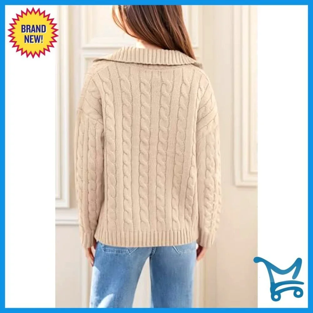 Oversized Cable Knit Sweater Polo V Neck Chunky Pullover Casual Chic